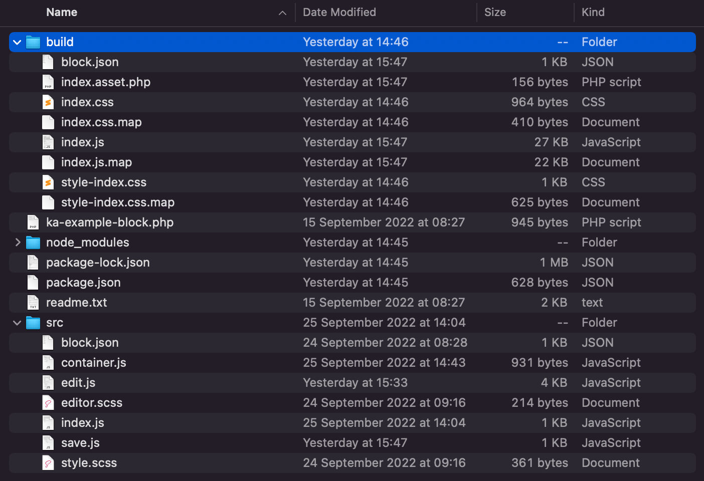 Filer och mappar i ett blockinsticksprogram som skapats med @wordpress/create-block.