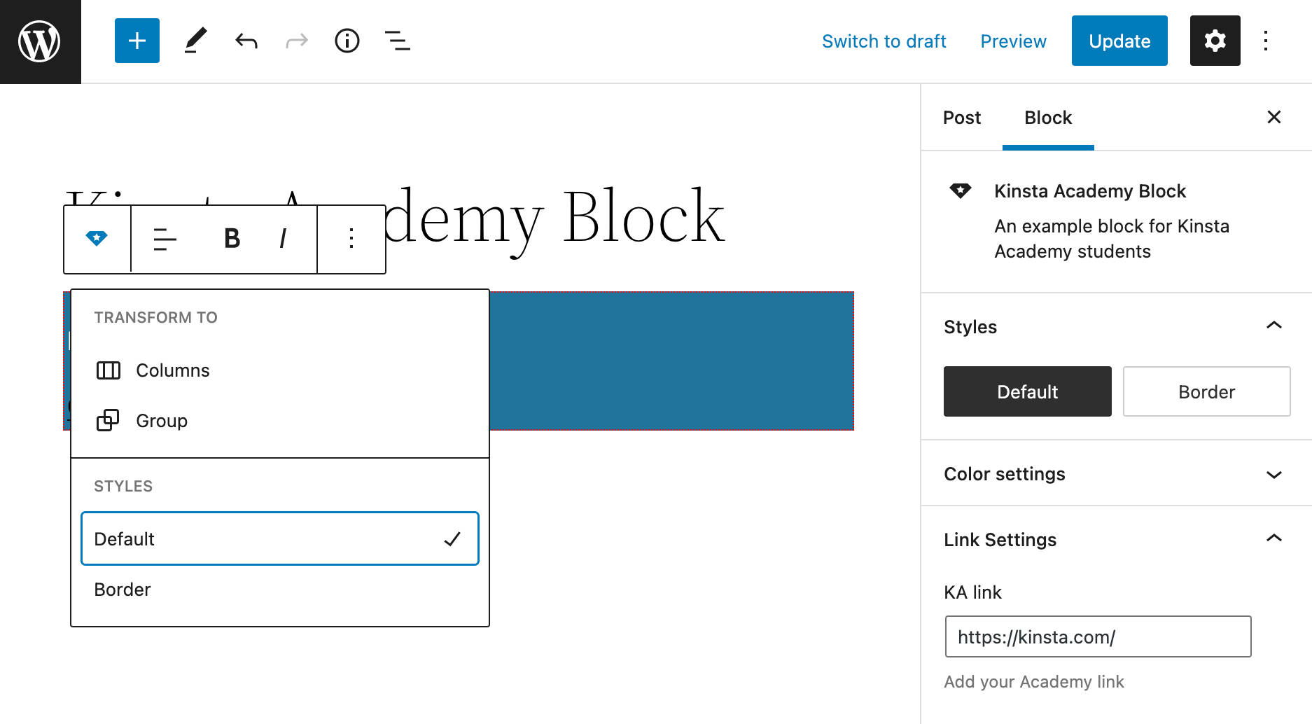 How to add template colors to custom block options in WordPress