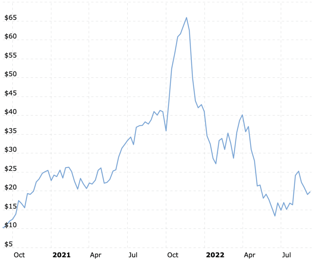 Cloudflareの2020年～2022年の時価総額（出典: Macrotrends） 