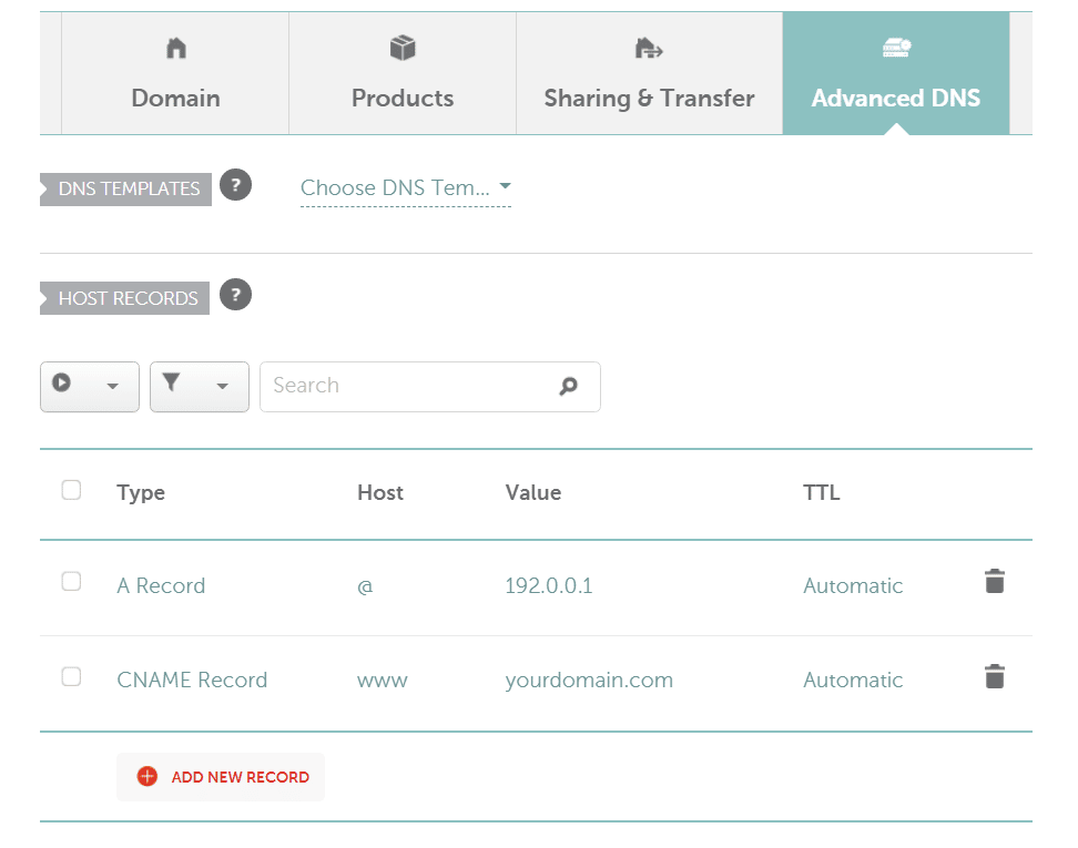 A maioria dos registradores de domínio permitirá que você modifique os registros DNS para suas propriedades.