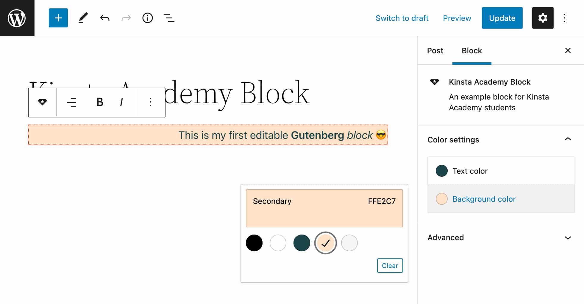 Panelet med farveindstillinger i blokken Indstillinger sidebar