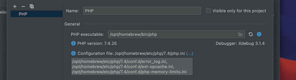 Schermata parziale di PhpStorm More Items, che mostra il nome della configurazione, il percorso del file eseguibile PHP, il numero di versione corrente di PHP e del debugger e un elenco di file di configurazione per vari aspetti dell'installazione PHP.
