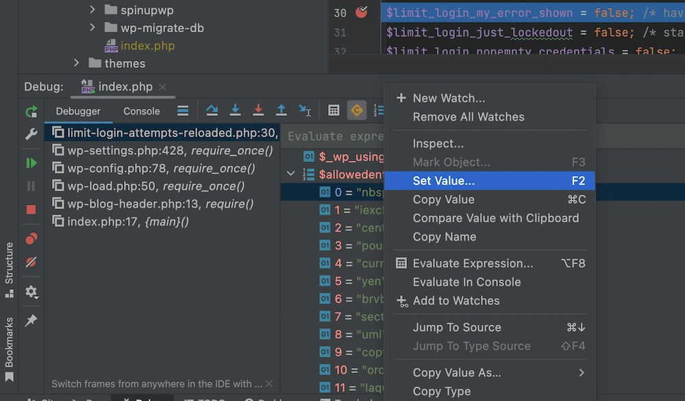 A portion of the PhpStorm Debugger interface with a list of breakpoints, filenames, line numbers, and function references on the left. The right shows a highlighted value within the code, with a context menu open. Among the options is 