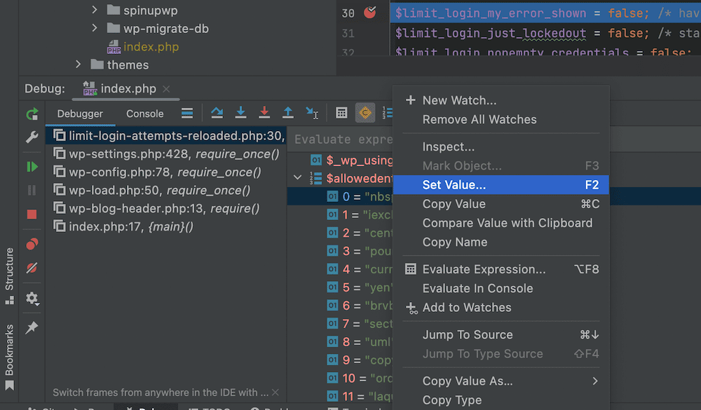 Een gedeelte van de PhpStorm Debugger interface met een lijst met breakpoints, bestandsnamen, regelnummers en functieverwijzingen aan de linkerkant. Rechts toont een gemarkeerde waarde in de code, met een contextmenu geopend. Een van de opties is "Set Value…" - de manier om nieuwe waarden aan variabelen toe te wijzen en de code te debuggen.