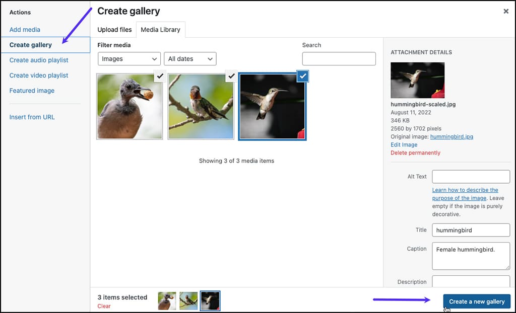 Schermata Crea Galleria: Selezione dell'opzione Crea galleria nell'editor classico di WordPress per selezionare le immagini.