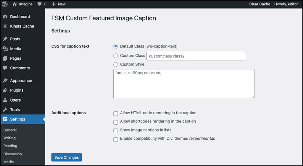 Screenshot: Settings dialog for the FSM Custom Featured Image Caption plugin.
