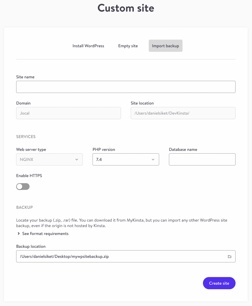 Create a custom site and import your backup in DevKinsta.