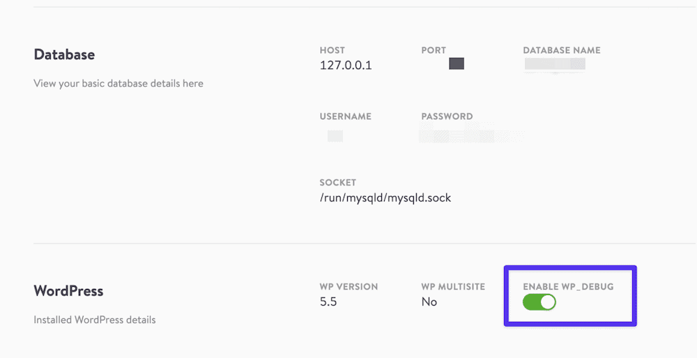 The DevKinsta dashboard for a single site. It shows the database settings, including host, port, name, and user credentials. There is also a 