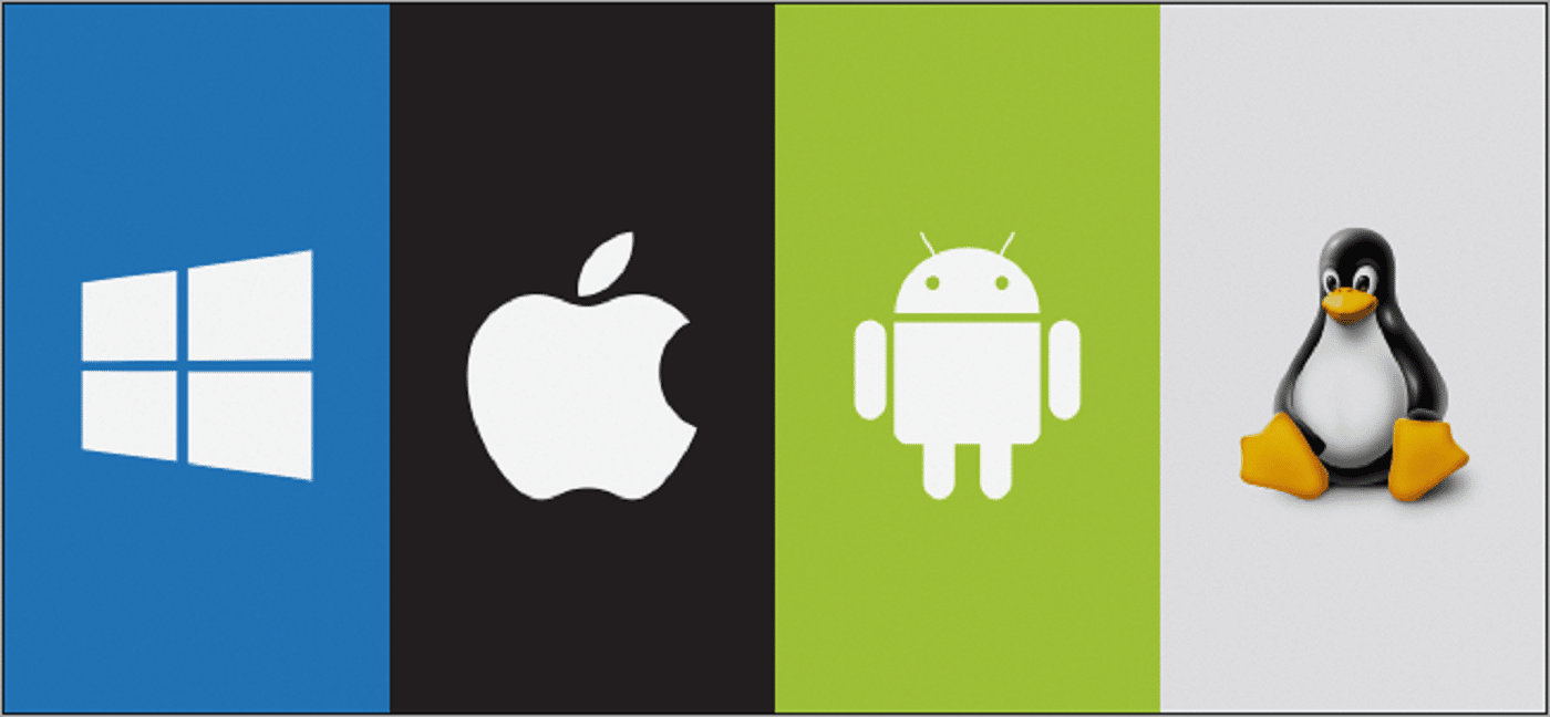 Un'immagine dei loghi dei 4 sistemi operativi supportati da Python. Il primo è Windows, il secondo è Apple, il terzo è Android e il quarto è Linux.