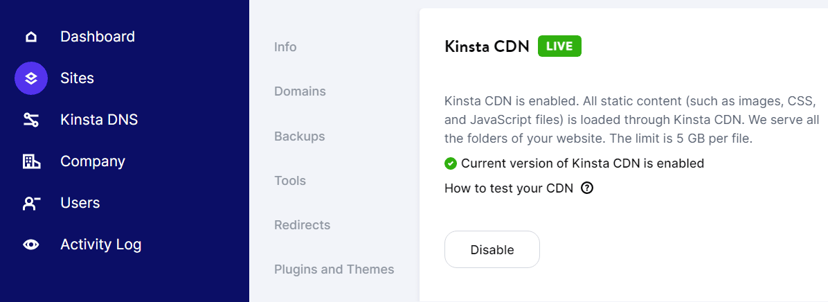 Disable CDN integration for your website using the MyKinsta panel