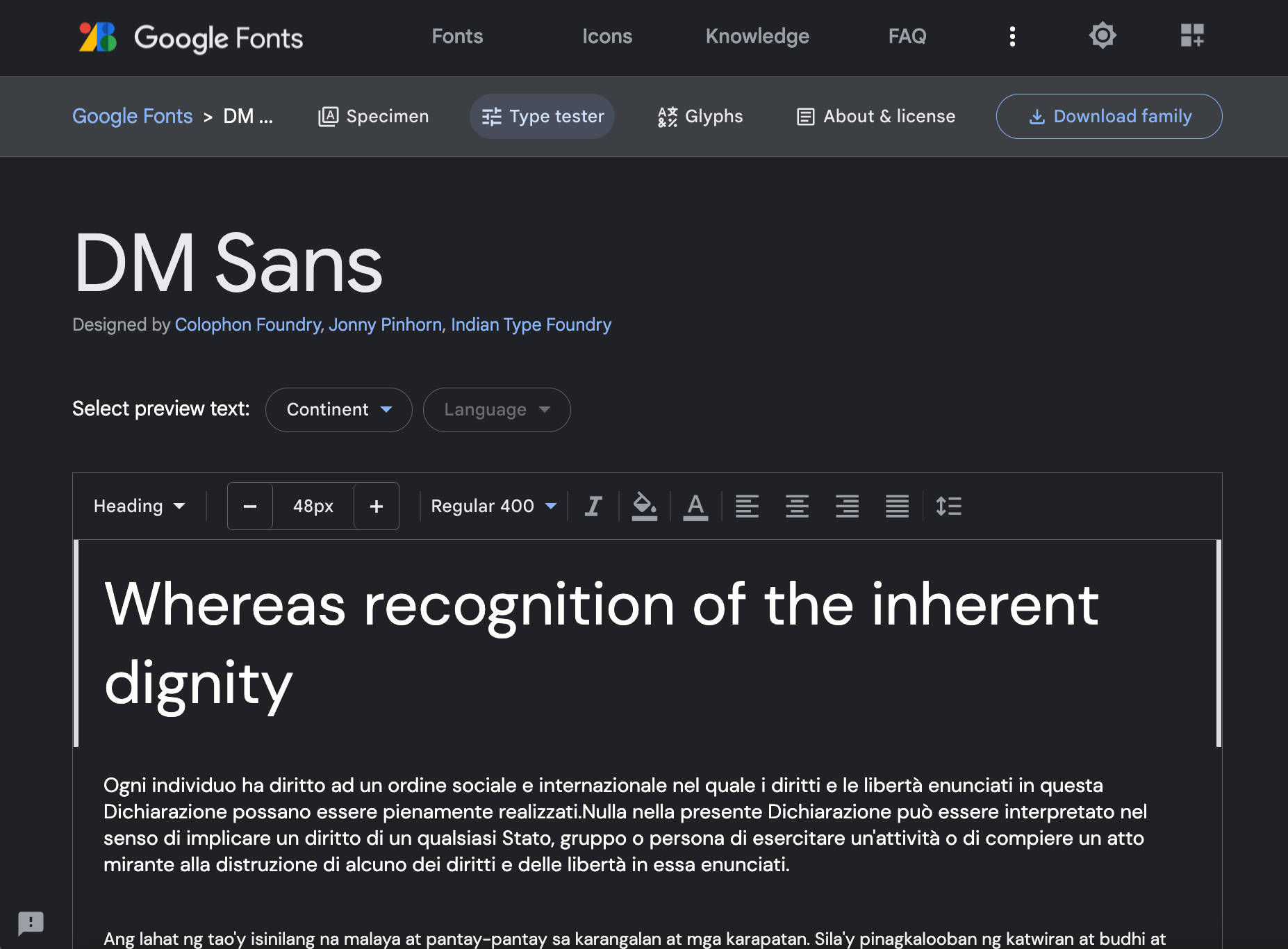 Vista previa de DM Sans en Google Fonts