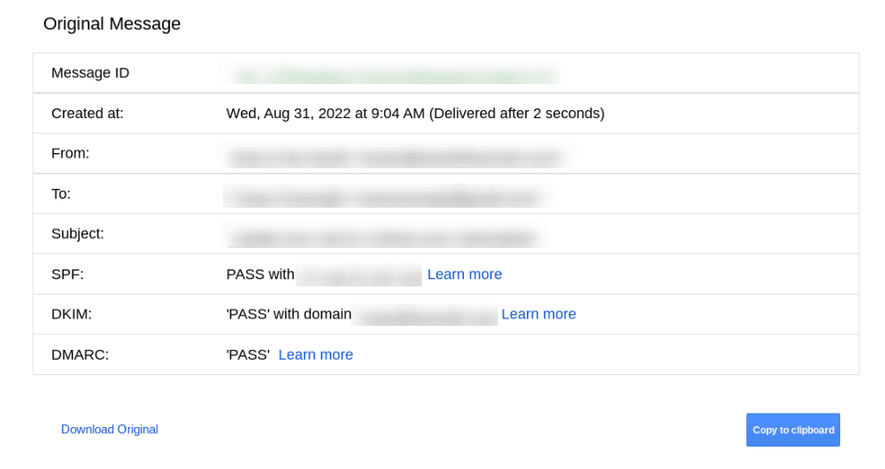 La finestra con i dettagli del messaggio originale, in cui compare lo status DMARC PASS