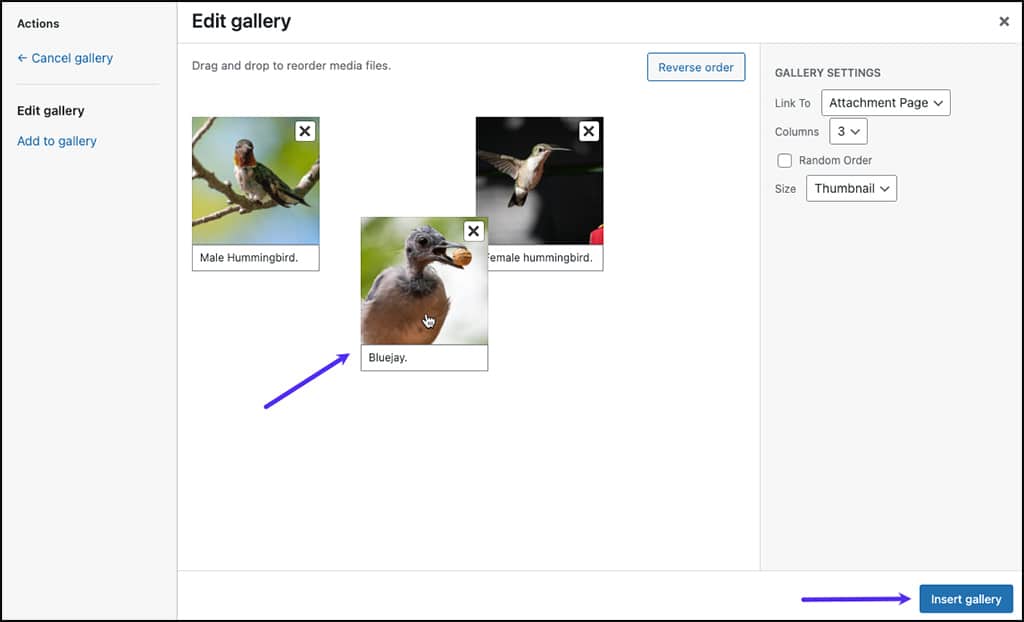 Screenshot: Auswählen der Reihenfolge der Galeriebilder im WordPress Classic Editor