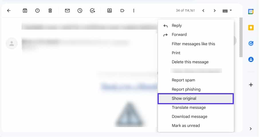 Il menu a tendina che si apre da ogni email Gmail: tra le opzioni c’è anche Mostra originale