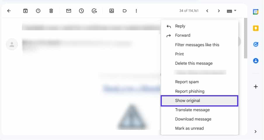 Select the ‘Show original’ option in Gmail