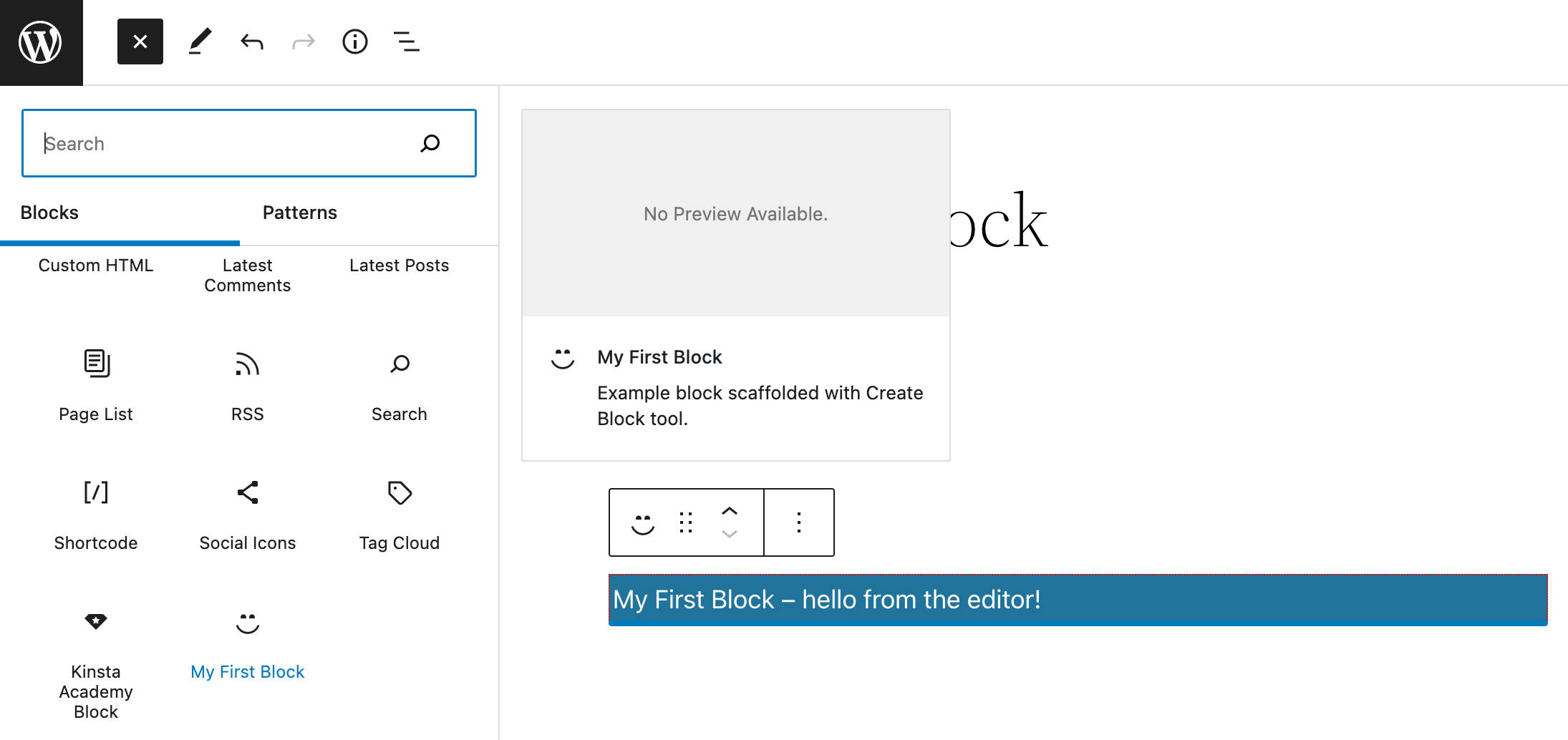 Een voorbeeldblok gemaakt met @wordpress/create-block.