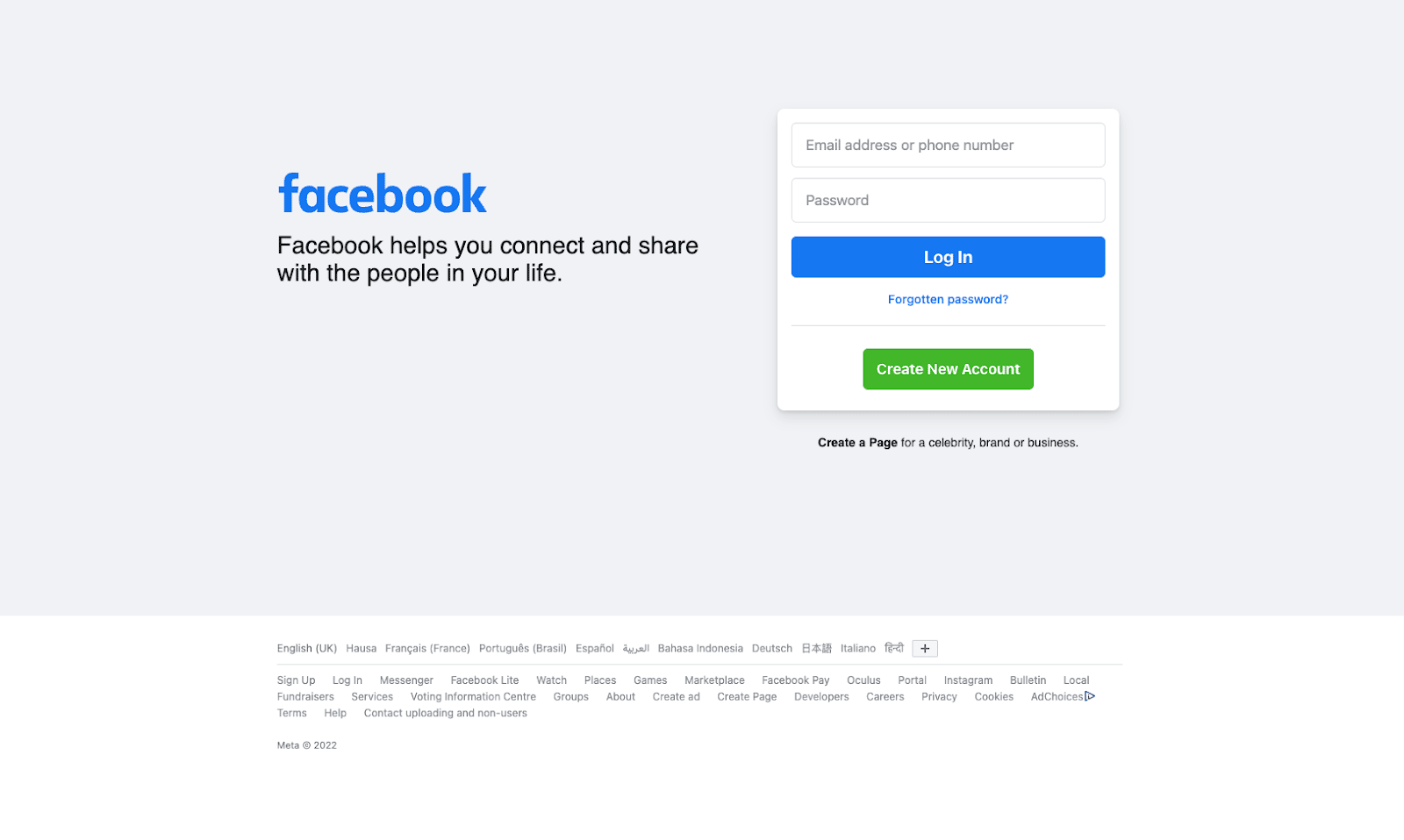 Una schermata della pagina di login di Facebook.