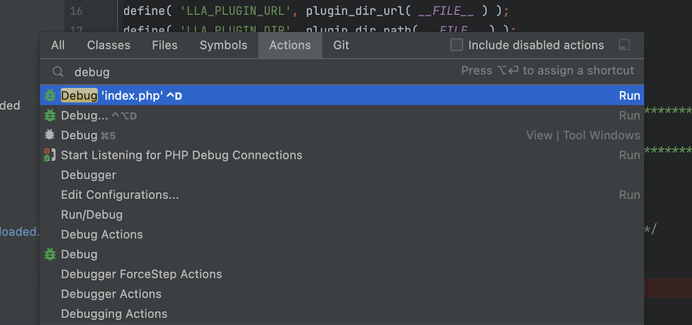 De PhpStorm interface, met het zoekactiescherm. Er zijn verschillende zoekfilters voor All, Classes, Files, Symbols, Actions, en Git. De zoekterm is