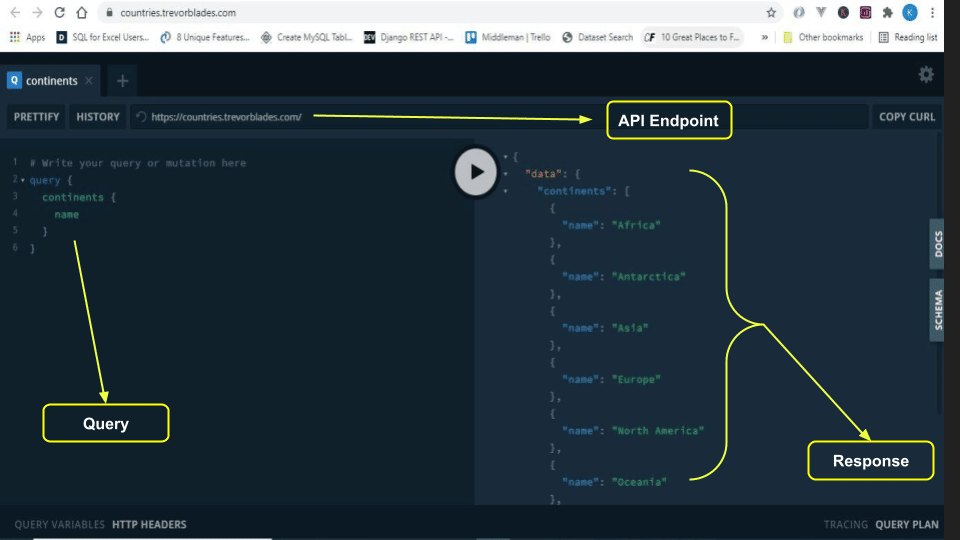 Una schermata di un'area di gioco GraphQL che mostra una query riuscita.