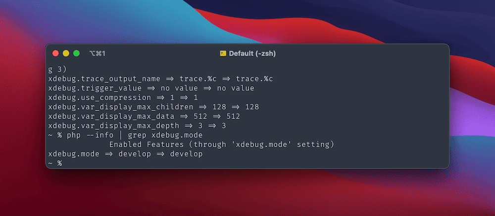 A Terminal window showing a number of different Xdebug configuration settings (such as output names and display variables). The prompt shows the 