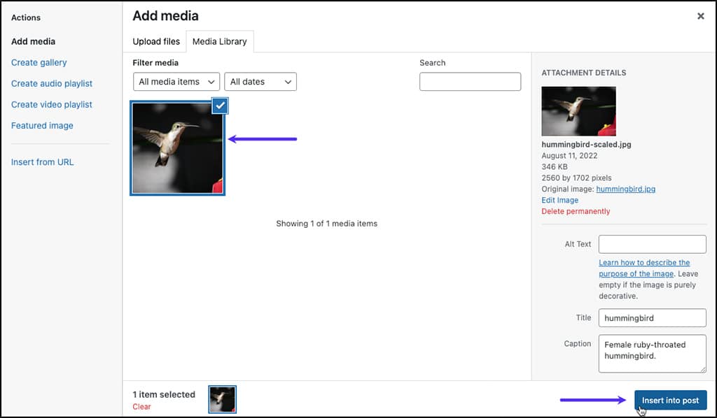 Screenshot: Inserting an image into a post in the WordPress Classic Editor.