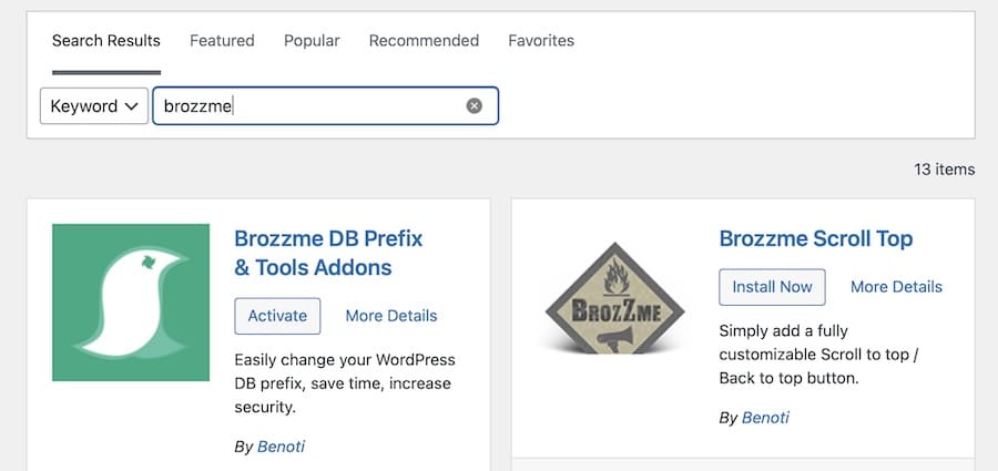 Schermata della bacheca di WordPress con il riquadro del plugin Brozzme DB Prefix & Tools Addon