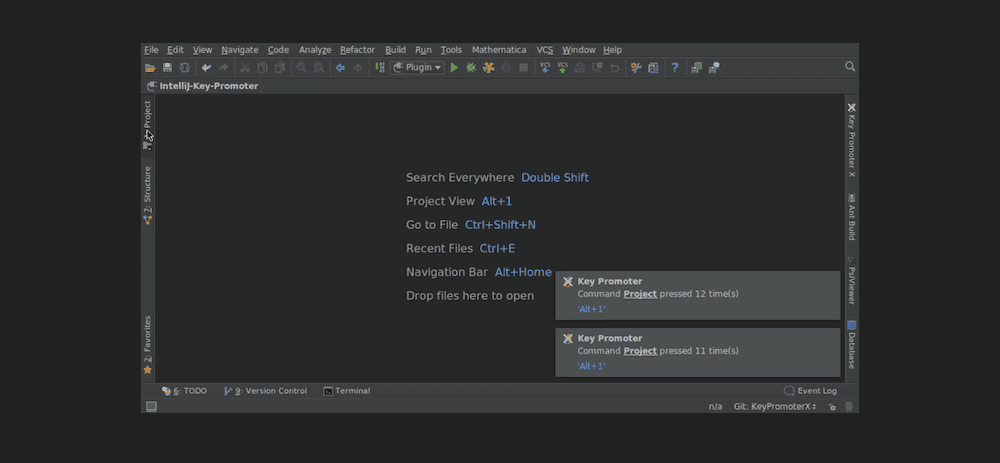 La interfaz de PhpStorm muestra las notificaciones de Key Promoter X.