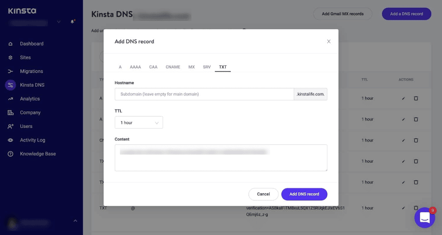 Go to the MyKinsta dashboard to add a DNS record