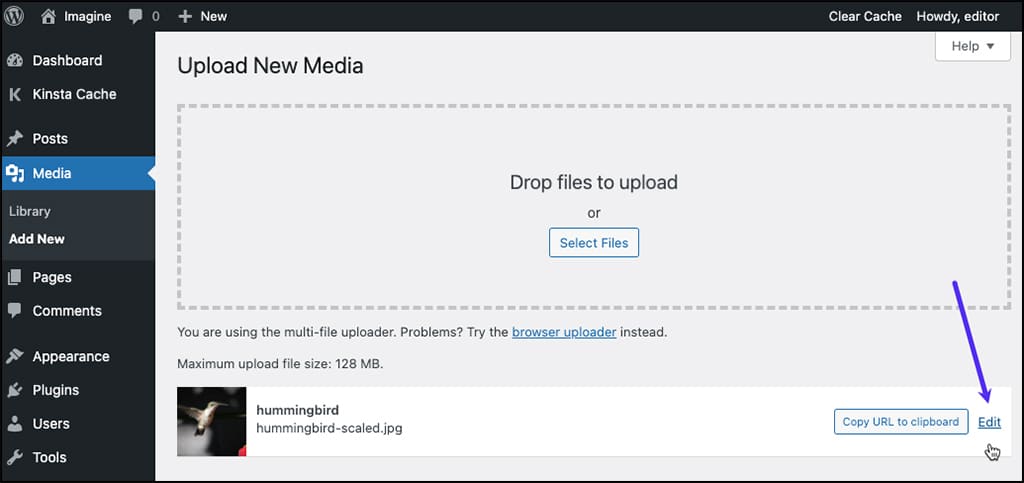 Screenshot: Clicking the Edit button after uploading a new image in WordPress.
