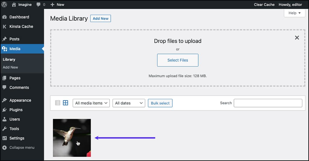 Screenshot: A new image being added to the WordPress Media Library.