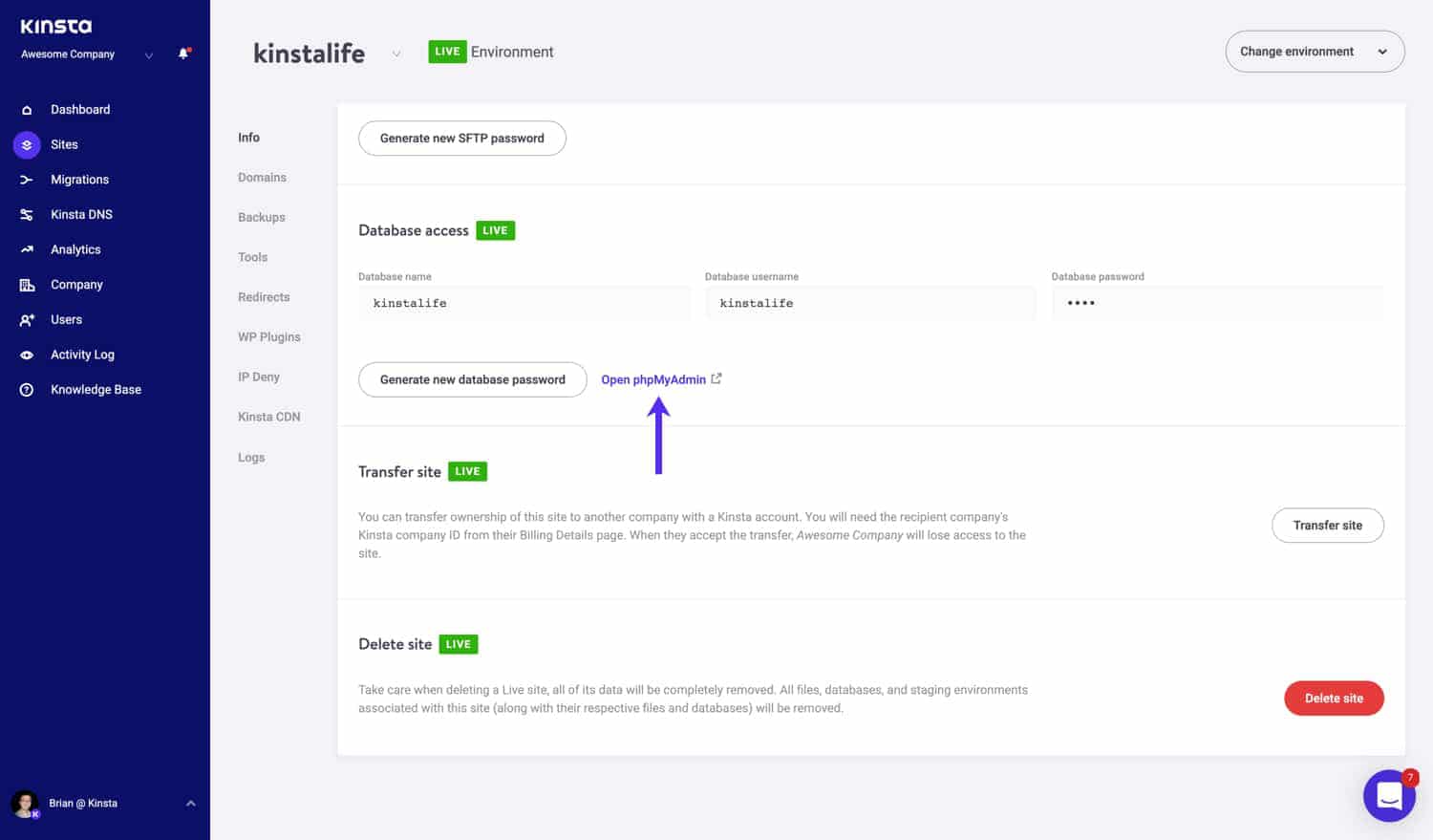 Schermata della scheda Siti su MyKinsta con le opzioni per accedere a phpMyAdmin.