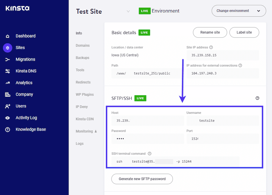 Lokalisering av SFTP-inloggningsuppgifter i MyKinsta.