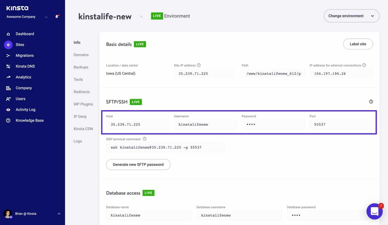 SFTP inloggegevens verzamelen vanuit het MyKinsta dashboard.