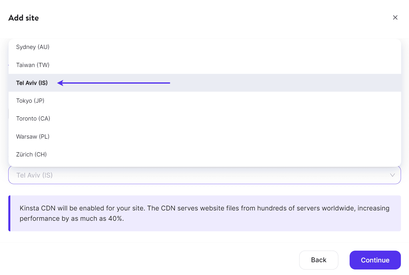 A screenshot of MyKinsta showing the &quot;Add Site&quot; location drop-down set to "Tel Aviv (IS)".