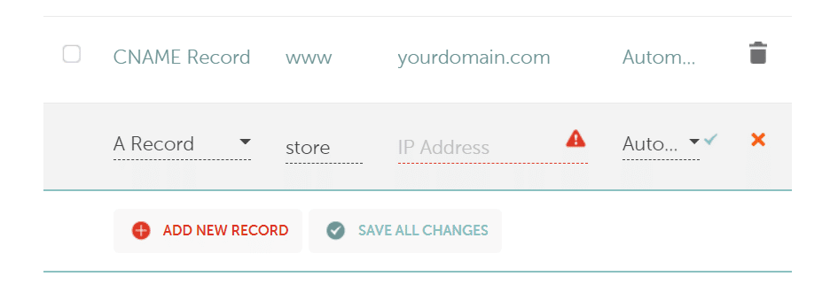 The DNS records screen in NameCheap