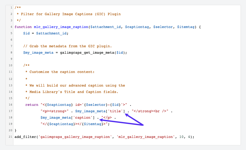 Screenshot: Custom PHP code for the WordPress GIC gallery plugin.