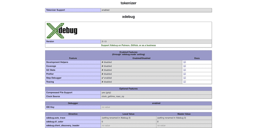 A PHP information file within the browser, showing the Xdebug logo and the 