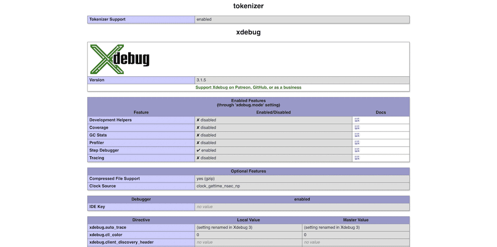 L'écran d'information PHP.