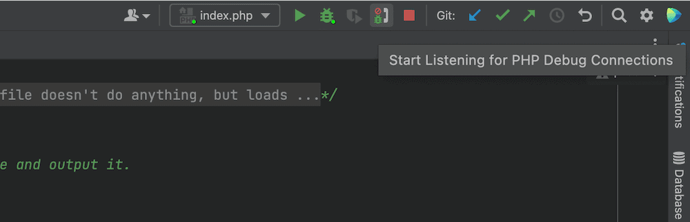 Eine Nahaufnahme der PhpStorm-Symbolleiste, die Optionen für die aktuelle Run-Konfiguration, verschiedene Git-Optionen und das Telefonsymbol Start Listening for PHP Debug Connections (mit Tooltip) anzeigt.