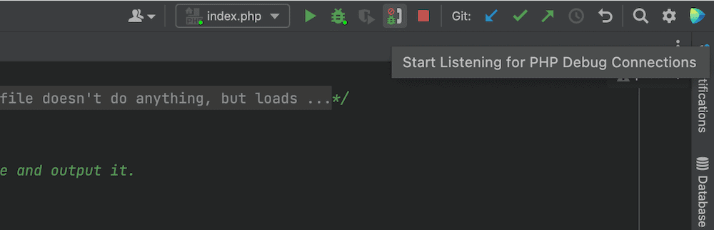 L'écoute des connexions de débogage PHP à l'aide de l'icône du téléphone dans la barre d'outils de PhpStorm.