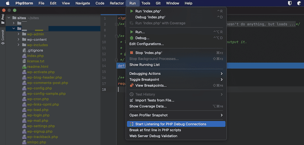 Una schermata parziale dell'interfaccia di PhpStorm, che mostra una directory ad albero sulla sinistra e la barra degli strumenti dell'applicazione. Il menu Esegui è aperto ed è evidenziata l’opzione Start Listening for PHP Debug Connections