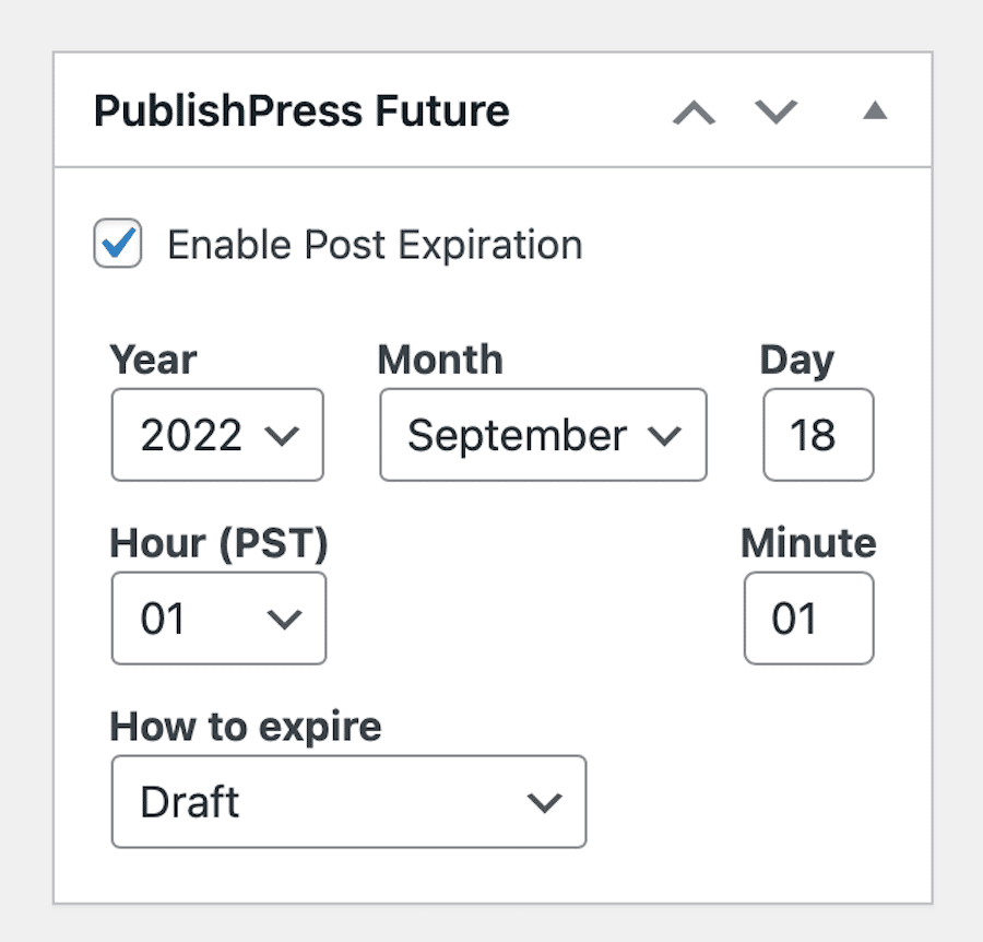 Setting when a post will expire using the PublishPress Future plugin.
