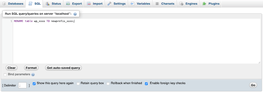 Adding an SQL query to phpMyAdmin to change the database prefix.