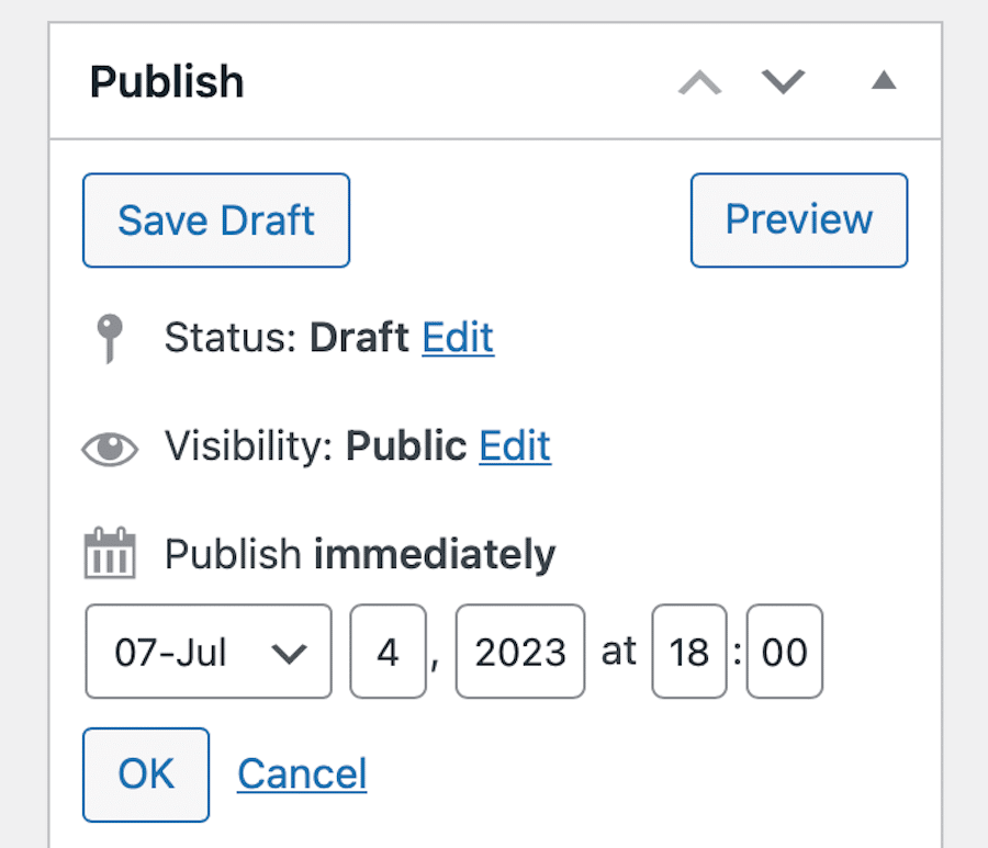 Schermata dell’Editor Classico di un WordPress in cui è installato SchedulePress: le opzioni indicano che il post è programmato per la pubblicazione il 4 luglio 2023 alle 18.