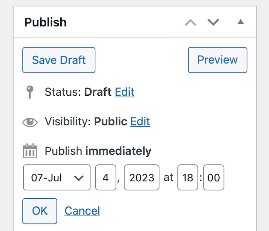 Planlægning af et indlæg til publicering på et senere tidspunkt i Classic Editor med SchedulePress installeret.