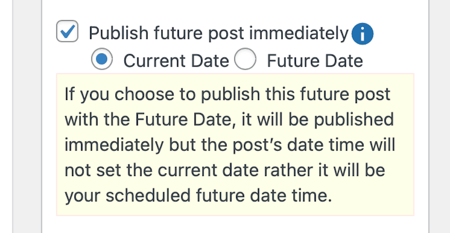 Notifica di SchedulePress con le opzioni per scegliere tra pubblicazione immediata e futura.