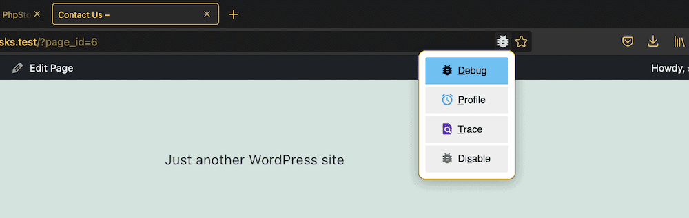 Selecionando a opção Debug na barra de ferramentas do navegador usando uma extensão dedicada.