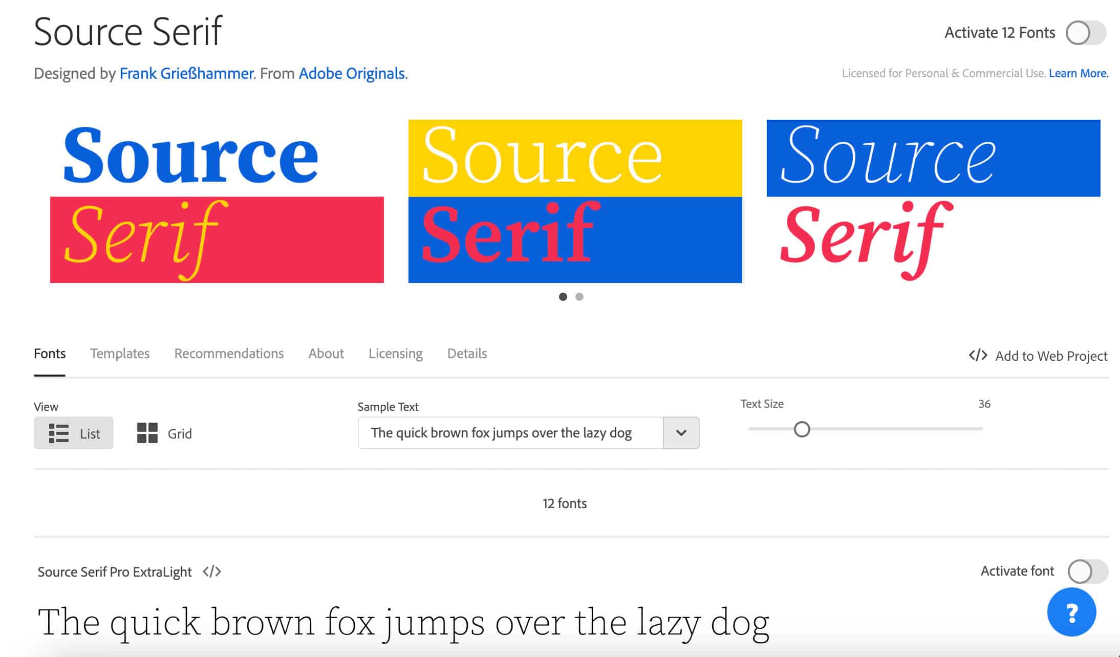 Vista previa de Source Serif Pro en fonts.adobe.com