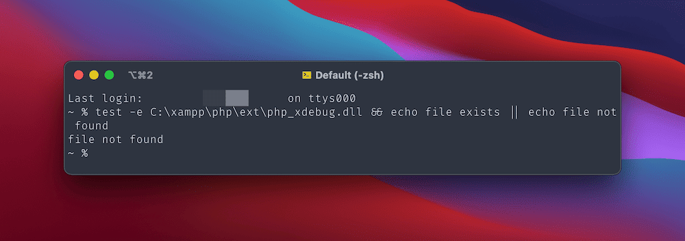 A Terminal window showing a snippet to test whether a while exists. If it does, the Terminal will output 