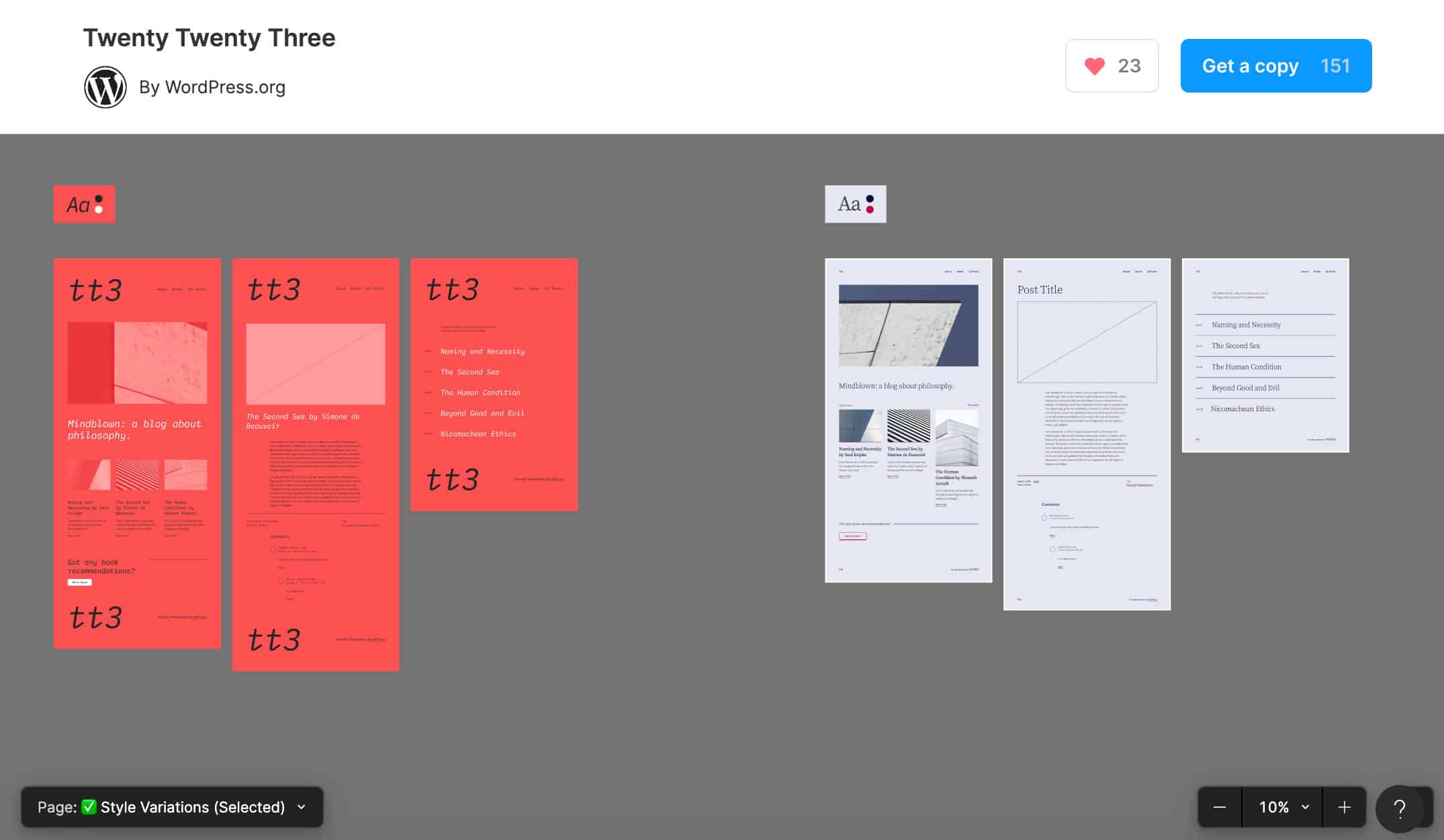 Visualização das variações de estilo do Twenty Twenty-Three na Figma.